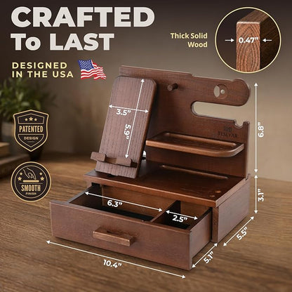 TESLYAR Wood Phone Docking Station with Drawer - Nightstand Organizer - Desk Organizer for Husband - Birthday Gifts for Men, Dad, Anniversary Idea, Key Holder Stand Watch & Accessories (Bourbon Brown)