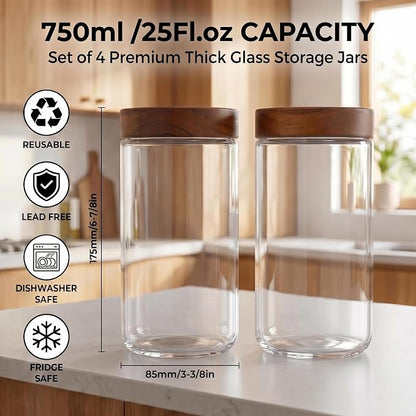 Danmu 24 oz Glass Jars with Lids 4 Pack,Acacia Wood Lid | Airtight Canister for Coffee Bean Storage,Pantry,Home Organization,Leakproof,Dishwasher Safe(remove lids),Fridge Safe