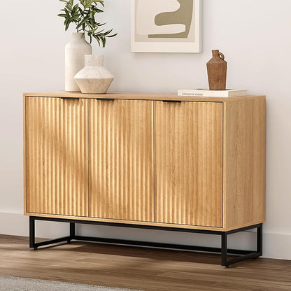 Fluted Storage Cabinet with 3 Doors, Sideboard Buffet Cabinets, Modern Accent Cabinets with Adjustable Shelves, Wooden Credenza Console Table Cabinet for Living Dining Room, Natural Oak