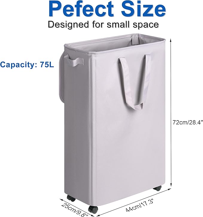 Vincona Slim Laundry Hamper with Lid and Wheels, Small Rolling Laundry Basket with Handle for Small Spaces, Tall Dirty Clothes Hampers for Dorm, Bathroom and Bedroom, 75L, Grey