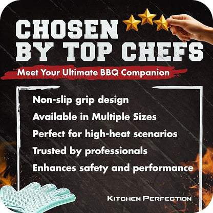 KITCHEN PERFECTION XL Silicone Smoker Oven Gloves-Extreme Heat Resistant BBQ Gloves-Handle Hot Food Right on Your Grill Fryer&Pit|Waterproof Grilling Cooking Baking Mitts|Superior Value Set+3 Bonuses