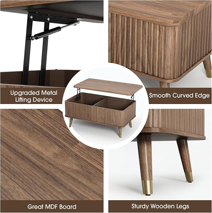 SULIVES Lift Top Coffee Table with Storage,Fluted Coffee Table with Lifting Top,Mid Century Modern Center Table with Solid Wood Legs,Small Coffee Tables for Living Room,Walnut