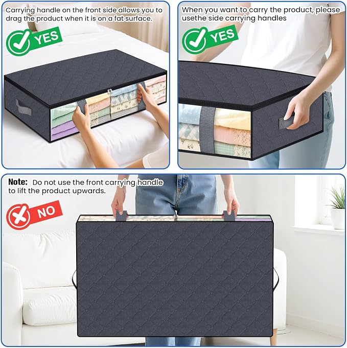 TasticTotes Under Bed Storage Containers, 2 Pack Blanket Storage Bags, Collapsible Storage Bags with Big Zippers, Clear Front, Shoe Storage and Organization for Clothes, Comforter, 75L, Grey