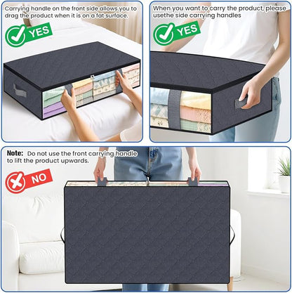 TasticTotes Under Bed Storage Containers, 2 Pack Blanket Storage Bags, Collapsible Storage Bags with Big Zippers, Clear Front, Shoe Storage and Organization for Clothes, Comforter, 75L, Grey