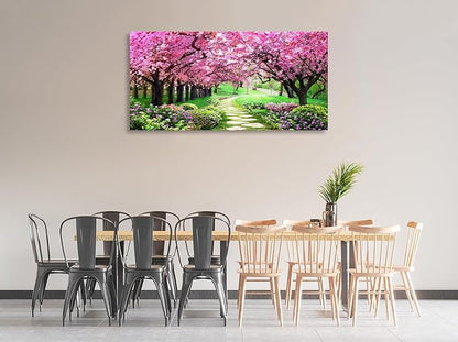 Aibonnly Canvas Wall Art Painting Pink Cherry Blossoms 1 Piece Park Tree Forest Wallpaper Spring landscape Picture Poster Print Framed and Stretched Ready to Hang for Living Room Bedroom Artwork