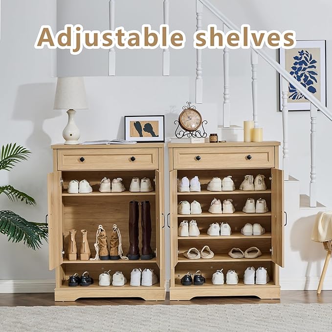 SOOWERY Shoe Cabinet with Drawer, Farmhouse Shoe Storage Cabinet with Doors, 5 Tiers Narrow Shoe Organizer for Entryway, Foyer, Hallway, Natural Oak