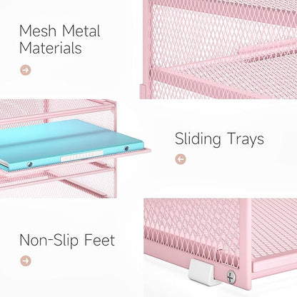 Lavatino 3-Tier Letter Tray Desk Paper Organizer – Pink Mesh Metal File Tray Organizer for Desk, Office Supplies & Home Organization | Fits A4/Letter Paper, Mail, Magazines and Office Accessories
