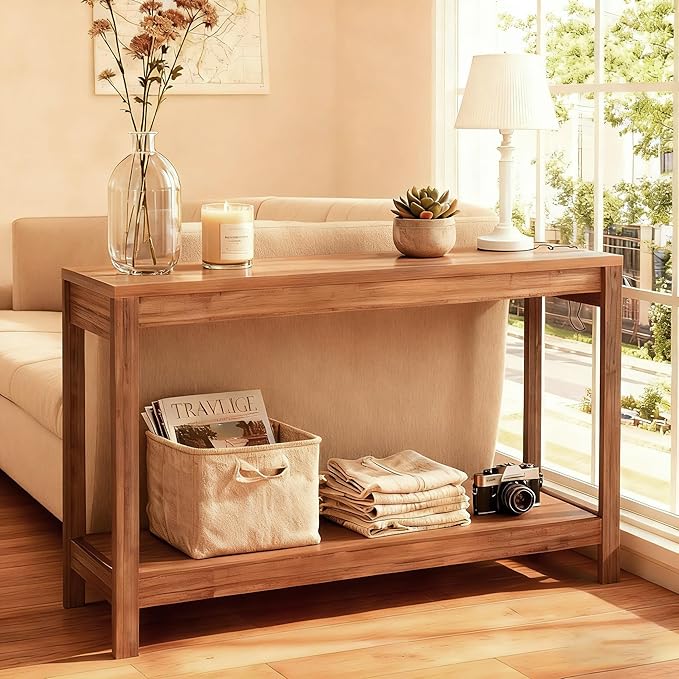 47" Entryway Table, Narrow Console Sofa Table, with Outlets and USB-C Port, Entryway Table with Open Storage, for Living Room, Hallway, Entryway, Foyer, Kitchen Counter, Golden Walnut