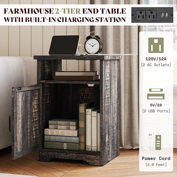 AMERLIFE 3-Piece Farmhouse Table Set Includes Coffee Table& Two End Tables, Side Table with Charging Station and USB Ports, for Living Room, Dark Oak