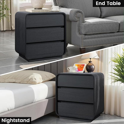 Black Night Stand with Charging Station, 25" Tall Wood Bedside Table, Modern End Table Dresser with 3 Storage Drawers, Curved Profile, Mid Century Nightstand for Bedroom Dorm Sofa Office
