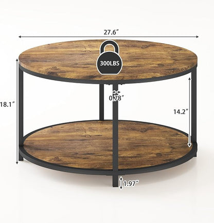 NSdirect Round Coffee Table, 27.6" Small Coffee Table for Living Room,2-Tier Rustic Wood Desktop with Storage Shelf Modern Design Home Furniture(Brown)