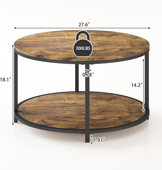 NSdirect Round Coffee Table, 27.6" Small Coffee Table for Living Room,2-Tier Rustic Wood Desktop with Storage Shelf Modern Design Home Furniture(Brown)