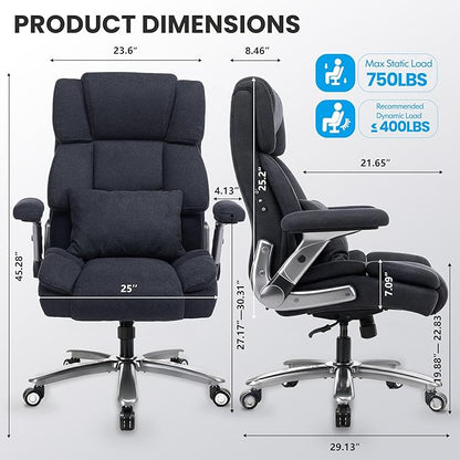 750lbs Heavy Duty Desk Chair with 3D Kneading Massage, Big and Tall Office Chairs with Ergonomic Support, 4D Armrests, 5 Quiet Dual Rubber Wheel, Thick Spring Cushion(Black-Fabric)