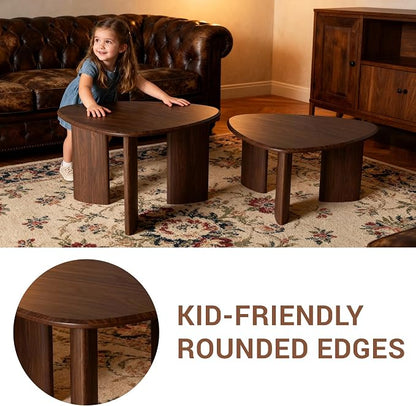 Honyee Nesting Coffee Table Set of 2, Modern Walnut Wood Veneer Coffee Table and Side Table Set for Living Room, Small End Table Set with Flexible Use and Space-Saving Design