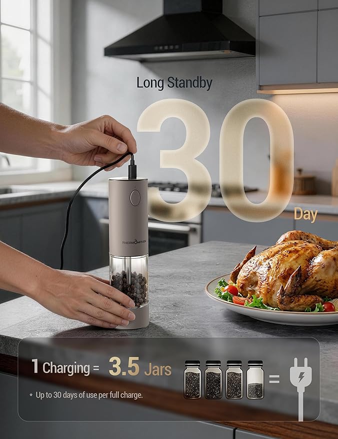 ThermoMaven Electric Salt and Pepper Grinder Set, 110ml Larger Rechargeable Automatic Salt and Pepper Mill Grinder with 6 Adjustable Coarseness, Electric Salt and Pepper Shakers, LED, Greige