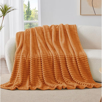 BEDELITE Twin Blanket for Couch & Bed, 300GSM Soft & Warm Fleece Blanket, Decorative and Giftable Striped Burnt Orange Blankets for Women, Men, 60"x80"