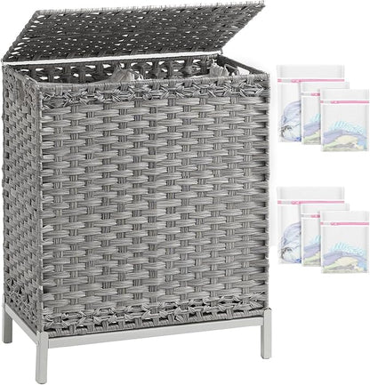 Laundry Hamper with Lid, 112 L Handwoven Rattan Wicker Laundry Basket, 2 Removable Liner Bags Metal Heightened Feet, 6 Mesh Bags, 2 Section Large Clothes Hamper for Bathroom Bedroom, Gray