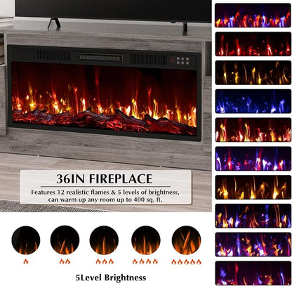 LEMBERI 70" Fireplace TV Stand for TVs up to 80", 36" Electric Fireplace 750W/1500W Entertainment Center with 20-Color LED, 300lbs Max Capacity High Gloss Storage Cabinet Console, Gray