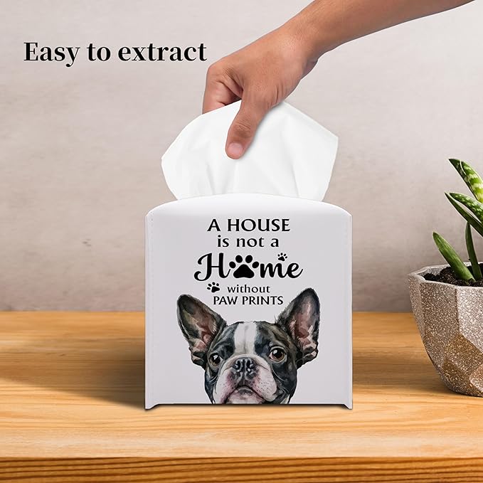 Grace Yonks Cute French Bulldog Tissue Box Cover Square, French Bulldog Dog Cube Case for Facial Tissues, 5.2" PU Leather(028)