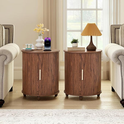 Fluted Round End Table with Charging Station, Farmhouse Small Sofa Side Table with Sliding Tambour Door & Storage, Mid-Century Wood Fulted Nightstands for Living Room, Bedroom (Walnut)