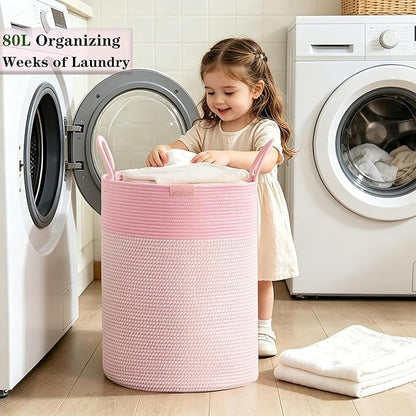 80L Extra Large Pink Hamper Tall Laundry Basket for Girls Kids Nursery Hamper for Baby Woven Cotton Rope Laundry Basket for Little Girls Room Bedroom 16x22 Inches