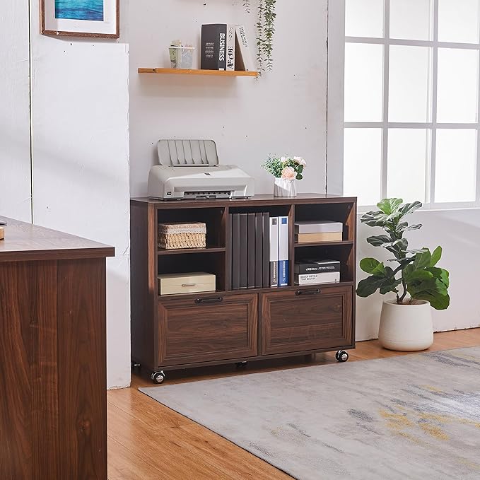 40" Farmhouse File Cabinet,Lateral File Cabinet with Wheels,Wood File Cabinet with shelve,Filing Cabinet with 2 Drawers for Legal/Letter/ A4 Size (Walnut)