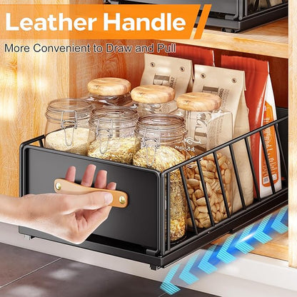 Pull out Cabinet Organizer,Heavy Duty Slide out Pantry Shelves Drawer Storage with Adhesive Nano Film,Sliding Mesh Cabinet Basket with Handle for Kitchen, Bathroom, Home, 11.8"W X 15.7"D X6.2"H,Black