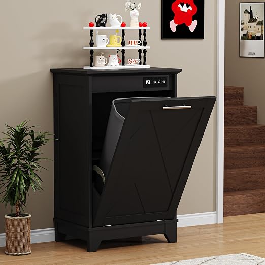 Single Tilt Out Trash Can Cabinet with Negative Ion Odor Control, Hidden 10-Gallon Recycling Cabinet, Dog Proof Garbage Can for Kitchen, Laundry, Dining Room, Black