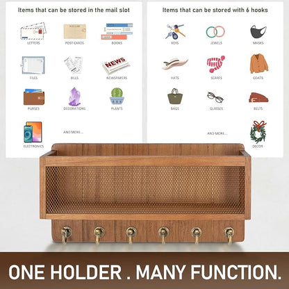 Rebee Vision Key Holder Wall Mount with Mesh Mail Basket – Mail Organizer for Wall Decor with 6 Key Hooks for Entryway, Kitchen – Functional Home Decor & Space-Saving Wooden Organizer (Golden Hook)
