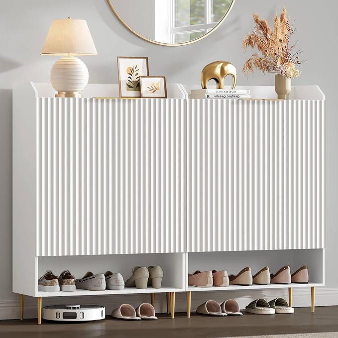 SICOTAS Shoe Cabinet Storage Set of 2, 56 Pairs Large Capacity, 7-Tier Shoe Organizer with Adjustable Shelves, 50.7″ Tall Fluted Entryway Shoe Cabinet for Hallway, Living Room, White