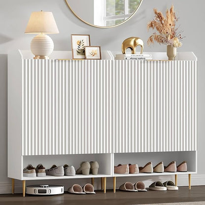 SICOTAS Shoe Cabinet Storage Set of 2, 56 Pairs Large Capacity, 7-Tier Shoe Organizer with Adjustable Shelves, 50.7″ Tall Fluted Entryway Shoe Cabinet for Hallway, Living Room, White