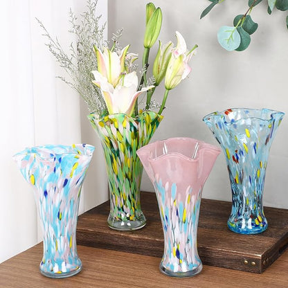 9.0" H Blush Glass Vases for Flowers, Unique Hand Blown Glass Vase Blush Home Decor, Wide Mouth Colorful Flower Vase Centerpieces, for Living Room Table Bookshelf, Bathroom Office Shelf Decorative
