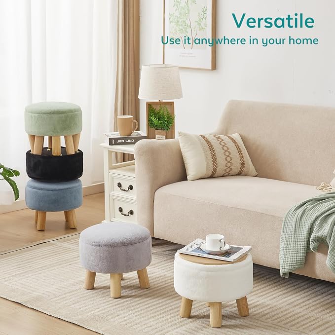 Small Foot Stool Ottoman with Storage, Soft Faux Fur Ottoman Foot Rest for Couch, Round Footstool with Storage, Small Ottomans and Footstools for Living Room and Entryway (Gray)