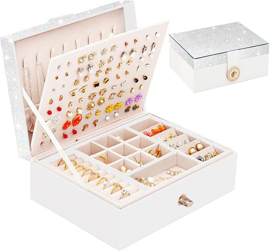 QBestry Jewelry Box for Earrings, Teen Girls Jewelry Organizer Box Earring Holder Organizer for Girls Jewelry Box Stud Earring Organizers for Girls Earrings Jewelry Boxes for Women Bling