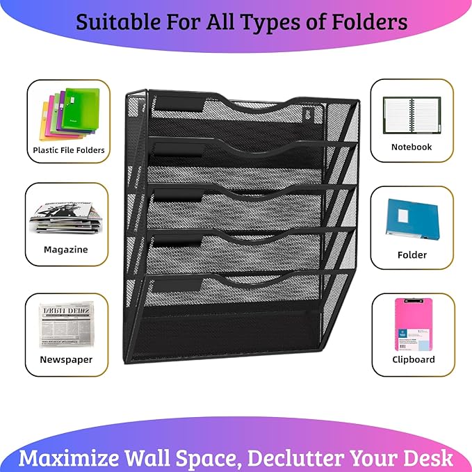 Magnetic 5 Pocket Wall File Organizer, Mesh Hanging Wall Mounted Document Paper Filing Magazine Rack with Nametag Label for Office Home School, 5 Tier Black