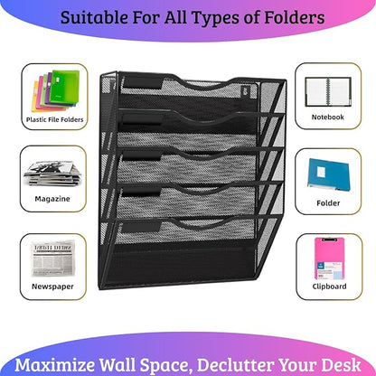 Magnetic 5 Pocket Wall File Organizer, Mesh Hanging Wall Mounted Document Paper Filing Magazine Rack with Nametag Label for Office Home School, 5 Tier Black