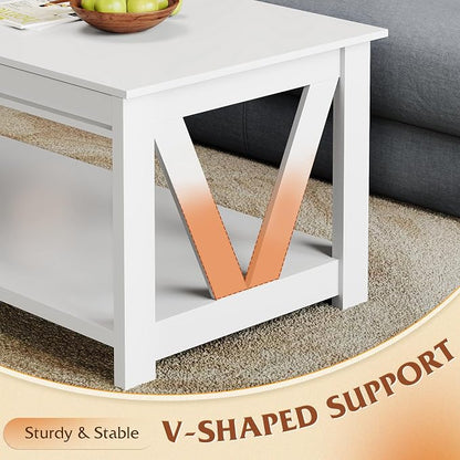 WLIVE Coffee Table with Storage Shelf, 39.4" Farmhouse Coffee Table with V-Frame Support, 2-Tier Wood Rustic Center Table for Living Room, Bedroom & Balcony, All White