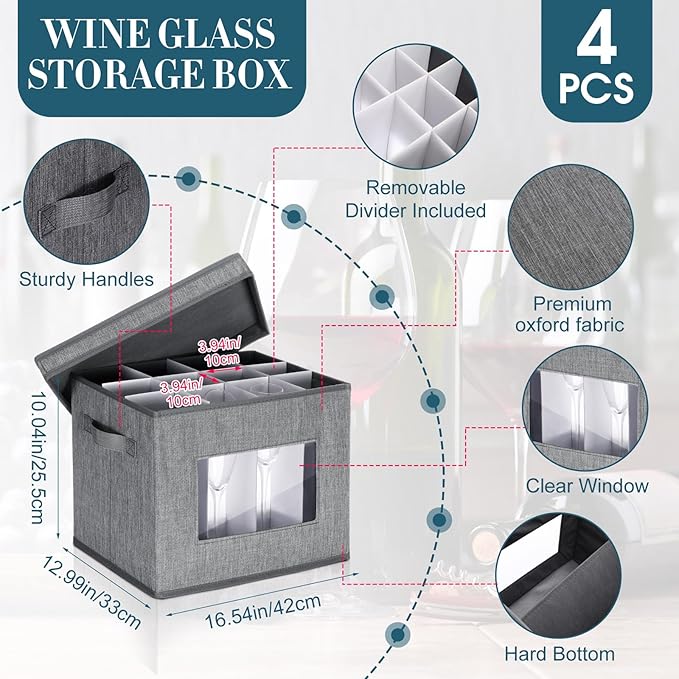 Uiifan 4 Pcs Wine Glass Storage Box with Dividers 12 Compartment Stemware Storage Cases China Container Box with Lid, Handles, PVC Window for Moving, Gray