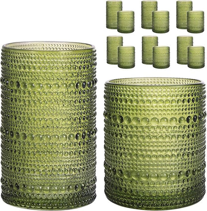Moretoes Hobnail Drinking Glasses, 12 Piece Green Water Glass Cups, Mixed Vintage Glassware Set, 6pcs 12oz Highballs and 6pcs 10oz Old Fashioned Glasses, Great for Cocktail, Whisky and Other Beverages