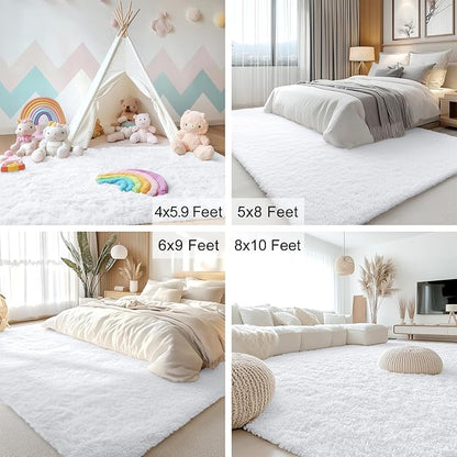 OLANLY 9x12 Machine Washable Large Area Rugs for Living Room, Bedroom, Soft Fluffy Shaggy Bedside Rug, Indoor Floor Carpet for Kids Girls and Boys, Dorms, Nursery, Home Decor Aesthetic, White