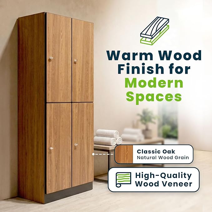 Alpine 4 Door Wooden Locker Cabinet - 72" Expandable Commercial Storage Lockers for Gym, Spa, Office & Golf Club - Includes Metal Base & Lock-Ready Handles, Double Column 2 Tier - Oak