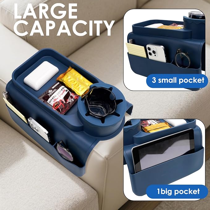 Silicone Couch Caddy for Wide Arms (6-12") with Cup Holder & Deep Sofa Remote Pockets - Anti-Slip Couch Arm Tray Table for Drinks, Phone, Snacks - Living Room Organizer (Blue)
