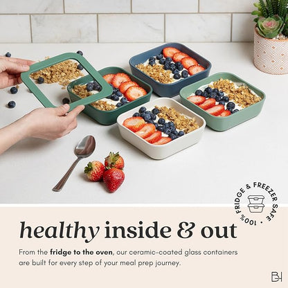 BRIVARA HOME Ceramic Coated Glass Food Storage Container | No PTFE, PFOA, PFAS, and BPA | Reusable Non Toxic Meal Prep Container with Glass Lid | Easy To Store | 8 Cup Square [Onyx]