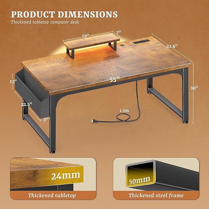 55 x 24 inch Desk with Power Outlets, Computer Desk with 0.95 Inch Thicker Desktop & Monitor Stand & Light & Storage Bag, Office Writing Desk for Home Office, Study, Bedroom, Brown
