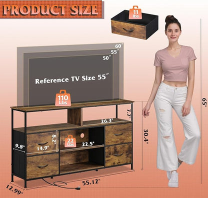 WLIVE TV Stand Dresser for 50,55,60 inch TV, Entertainment Center with LED Lights & Fabric Drawers, Dresser TV Stand for Bedroom and Living Room with Open Shelves, Rustic Brown