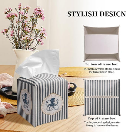 Grace Yonks Cute Octopus Tissue Box Cover Square, Striped Cube Case for Facial Tissues, 5.2" PU Leather(066)
