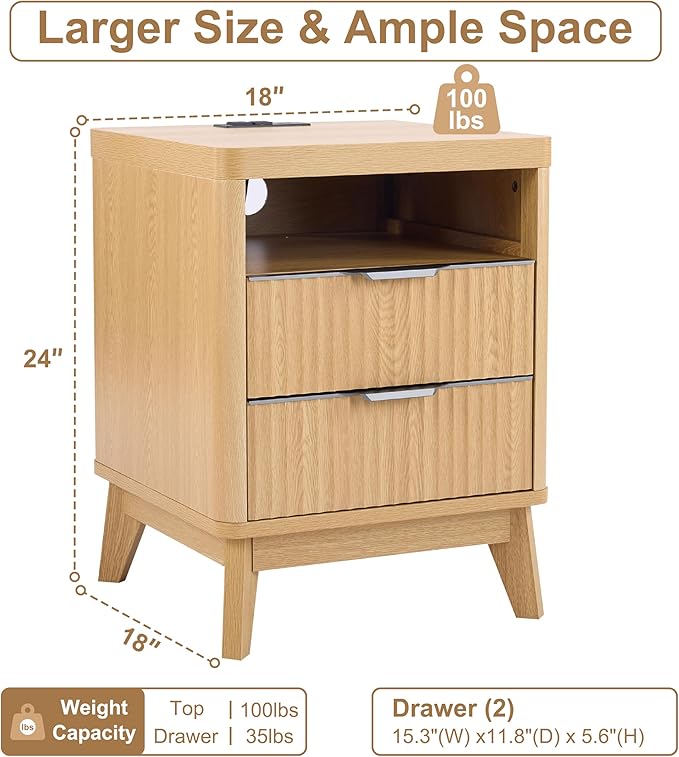 Nightstand with Charging Station,18" W Night Stand 2 Drawers Open Storage,Modern Bedside Table,Fluted Nightstand End Table with Widened Handle for Bedroom Living Room Sofa Office