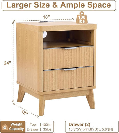 Nightstand with Charging Station,18" W Night Stand 2 Drawers Open Storage,Modern Bedside Table,Fluted Nightstand End Table with Widened Handle for Bedroom Living Room Sofa Office