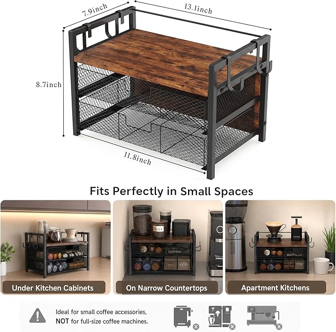 Coffee Station Organizer, Countertop Coffee Bar Holder with 2 Drawers, 4 Side Hooks, Holds 36 K Cups, Coffee Pods, Capsules, Rustic Brown Storage for Tea Bags, Syrup, Kitchen, Apartment, Home, Office
