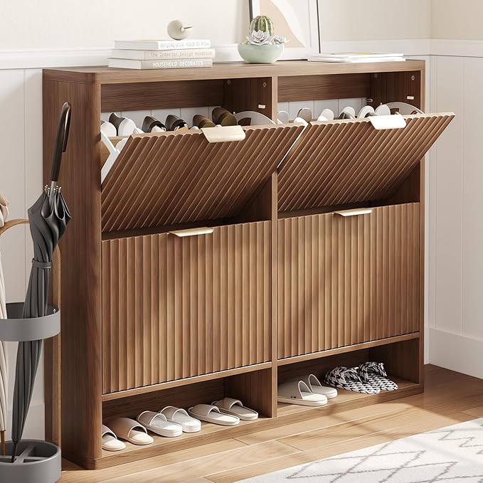 Shoe Storage Cabinet for Entryway with 4 Flip Drawers, 47.2" Large Modern Freestanding Shoe Organizer with Fluted Doors & Hidden Shoe Rack - Slim Enclosed Shoe Rack for Hallway (Walnut)